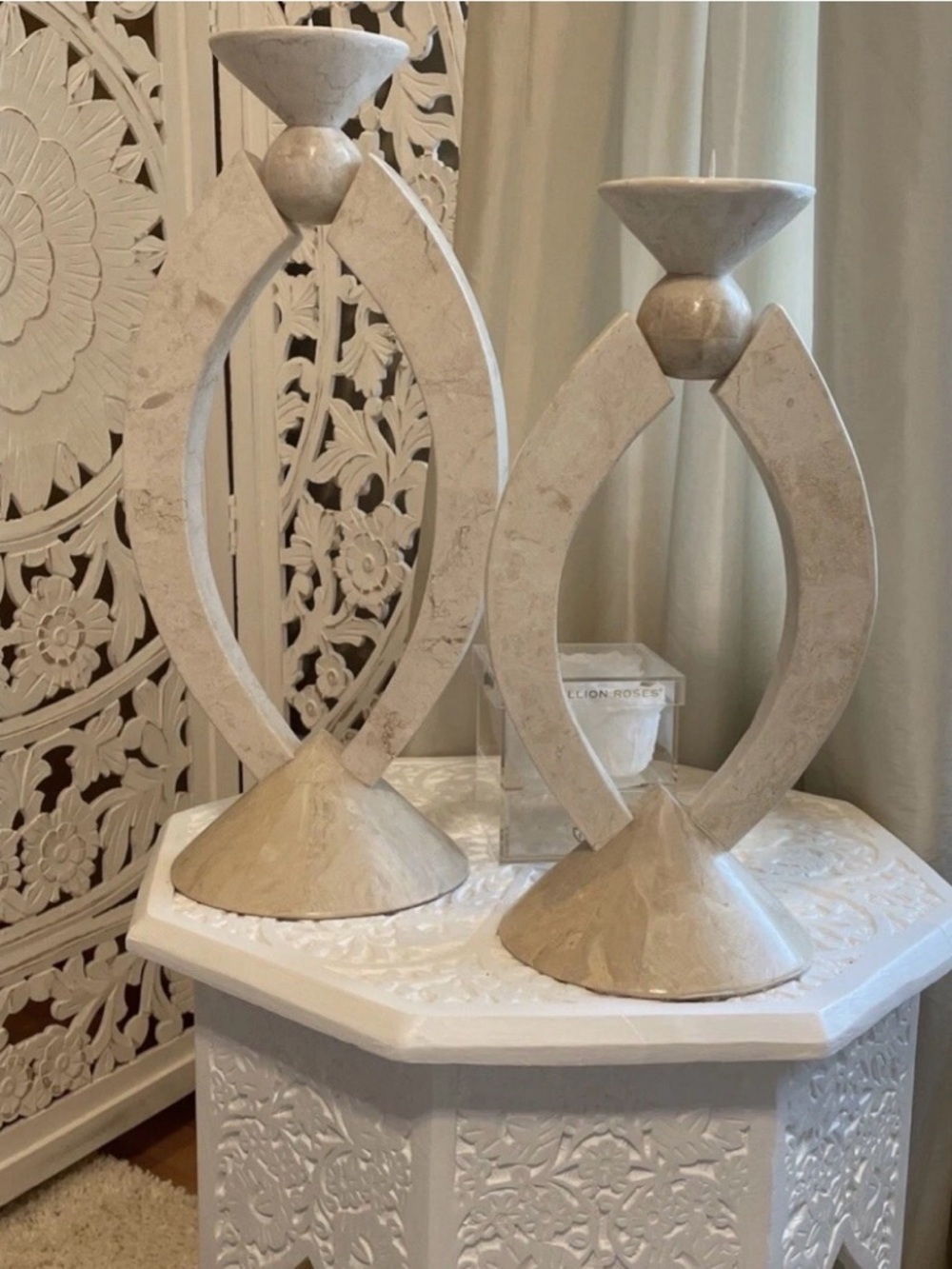 marquis collection beverly hills store candle holder set Cream stone marble